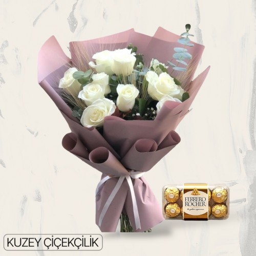 11 Beyaz Gül Buketi 16'lı Ferrero Çikolata
