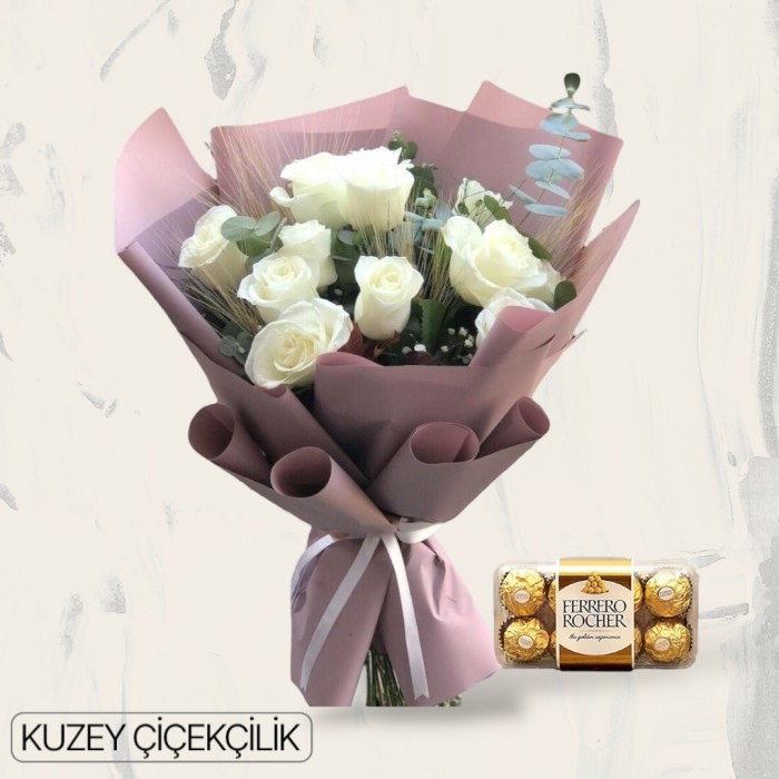 11 Beyaz Gül Buketi 16lı Ferrero Çikolata