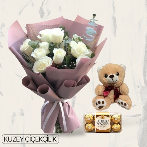 11 Beyaz Gül Buketi Ayıcık 16'lı Ferrero Çikolata