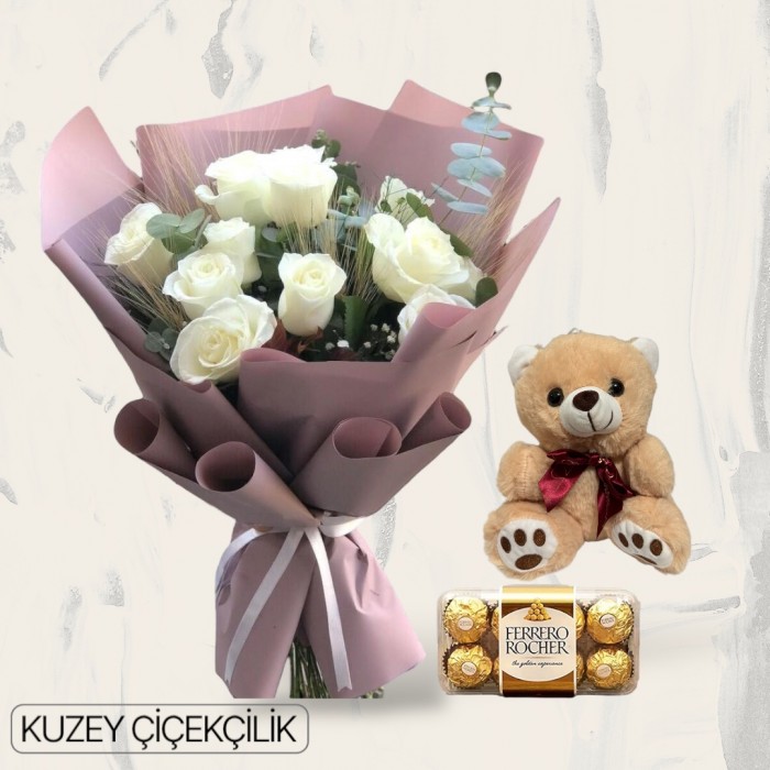 11 Beyaz Gül Buketi Ayıcık 16lı Ferrero Çikolata