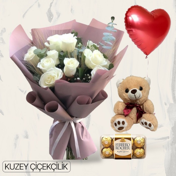 11 Beyaz Gül Buketi Ayıcık 16lı Ferrero Çikolata Kalp Helyum Balon