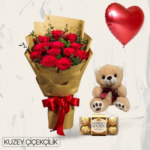 11 Kırmızı Gül Buketi 16'lı Ferrero Çikolata Ayıcık Kalp Helyum Balon