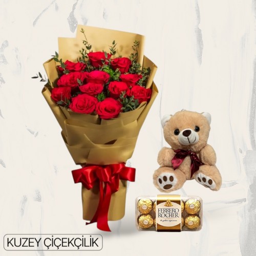 11 Kırmızı Gül Buketi 16'lı Ferrero Çikolata ve Ayıcık