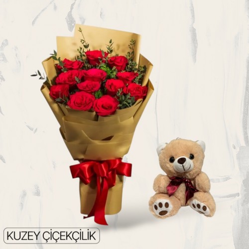 11 Kırmızı Gül Buketi Ayıcık