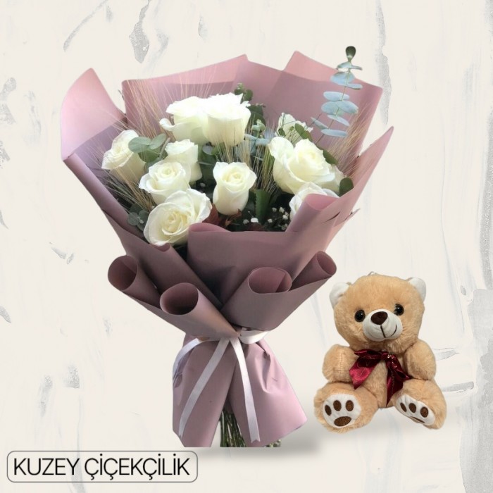 11 Beyaz Gül Buketi Ayıcık
