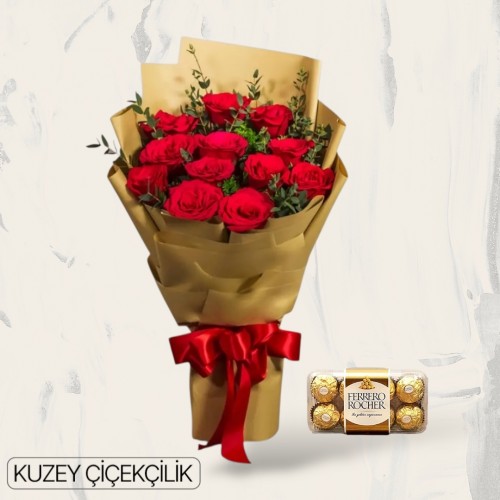 11 Kırmızı Gül Buketi 16'lı Ferrero Çikolata