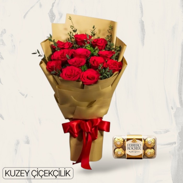 11 Kırmızı Gül Buketi 16lı Ferrero Çikolata