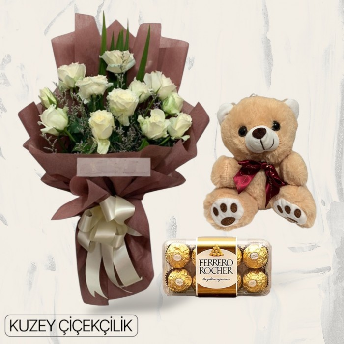 13 Beyaz Gül Buketi Ayıcık 16lı Ferrero Çikolata