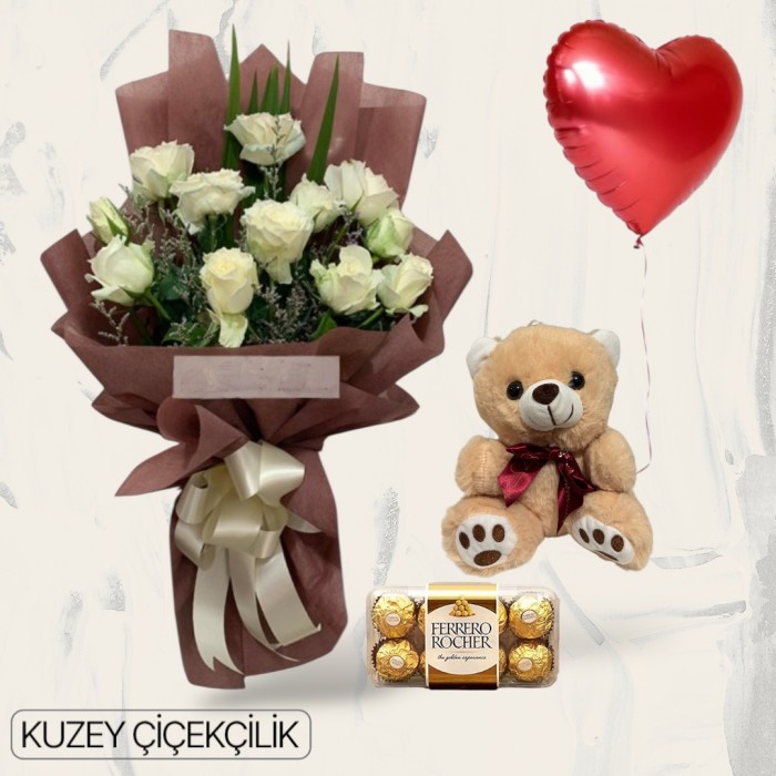 13 Beyaz Gül Buketi Ayıcık 16lı Ferrero Çikolata Kalp Helyum Balon