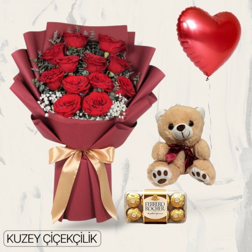 13 Kırmızı Gül Buketi 16'lı Ferrero Çikolata Ayıcık Kalp Helyum Balon