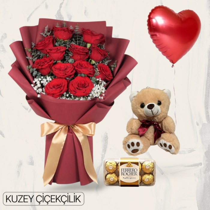 13 Kırmızı Gül Buketi 16lı Ferrero Çikolata Ayıcık Kalp Helyum Balon