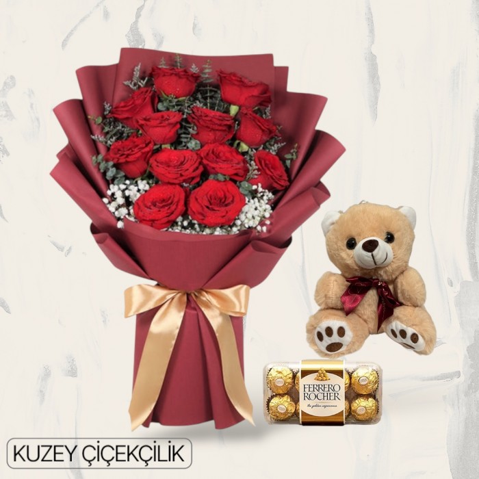 13 Kırmızı Gül Buketi 16lı Ferrero Çikolata ve Ayıcık