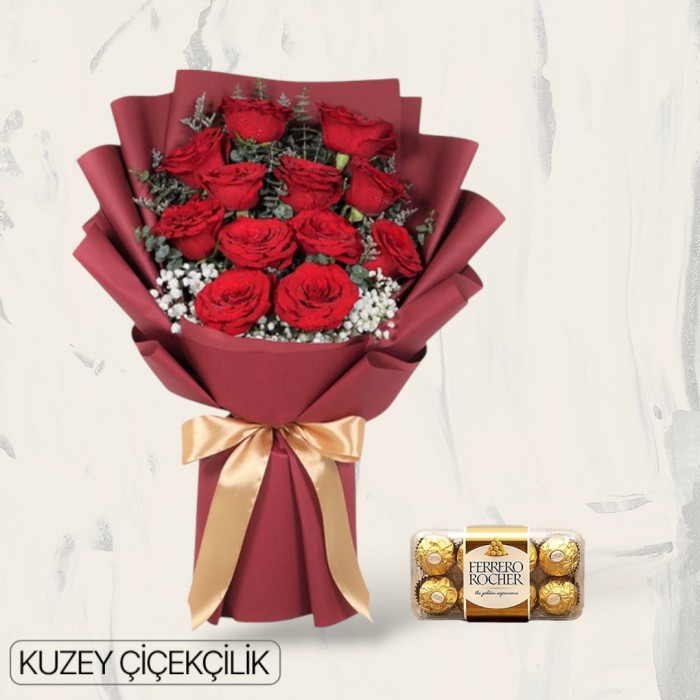 13 Kırmızı Gül Buketi 16lı Ferrero Çikolata