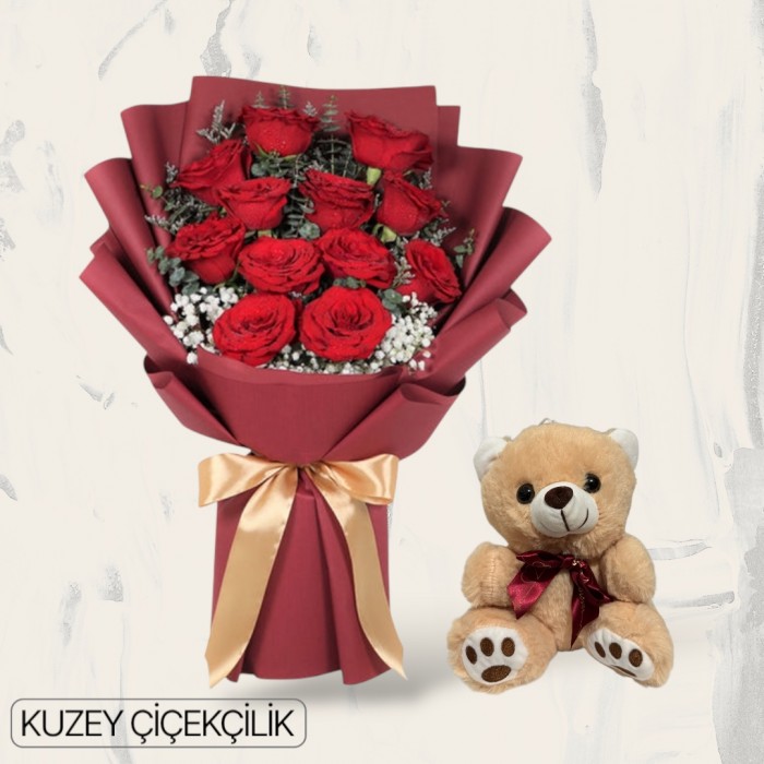 13 Kırmızı Gül Buketi Ayıcık