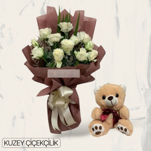 13 Beyaz Gül Buketi Ayıcık