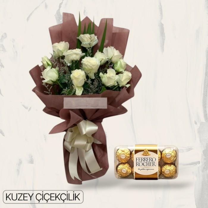 13 Beyaz Gül Buketi 16lı Ferrero Çikolata