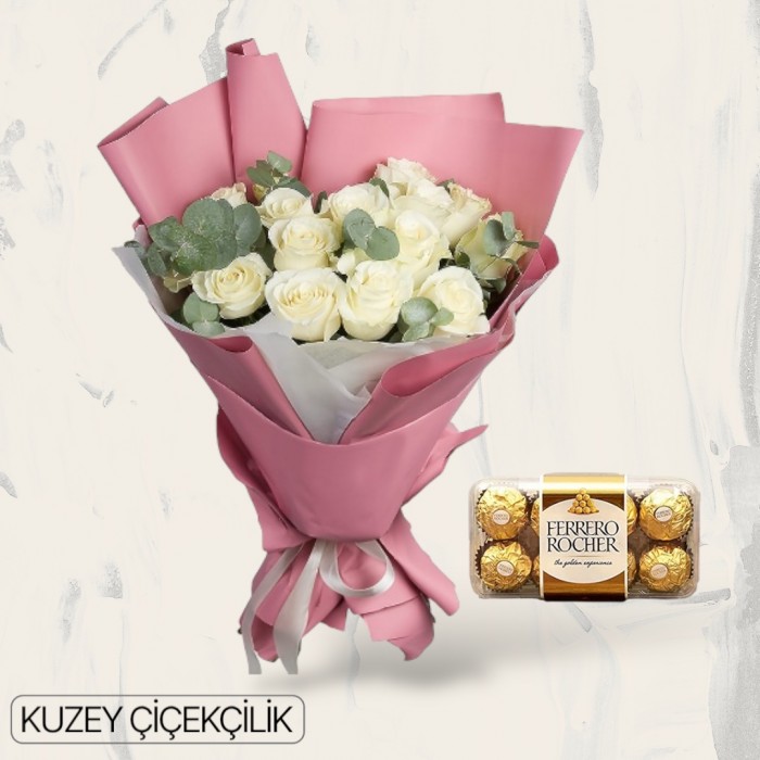 15 Beyaz Gül Buketi 16lı Ferrero Çikolata