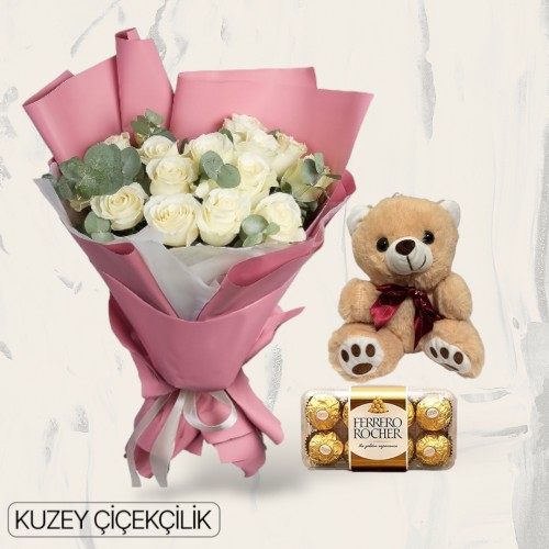 15 Beyaz Gül Buketi Ayıcık 16'lı Ferrero Çikolata