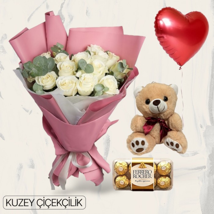 15 Beyaz Gül Buketi Ayıcık 16lı Ferrero Çikolata Kalp Helyum Balon