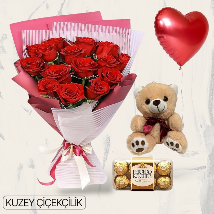 15 Kırmızı Gül Buketi 16lı Ferrero Çikolata Ayıcık Kalp Helyum Balon