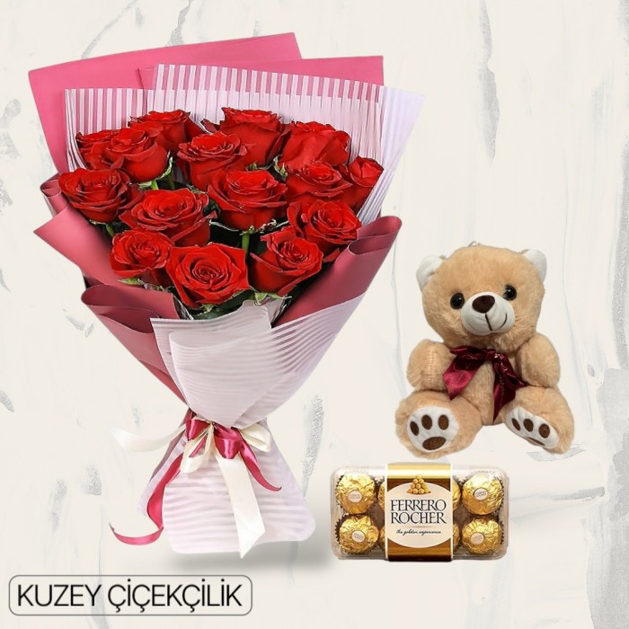 15 Kırmızı Gül Buketi 16lı Ferrero Çikolata ve Ayıcık
