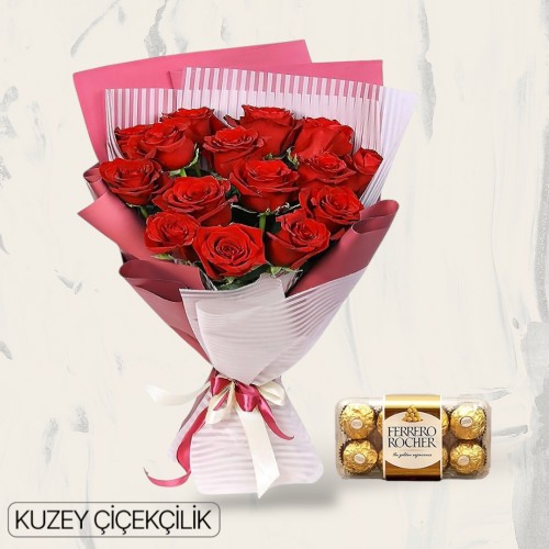 15 Kırmızı Gül Buketi 16'lı Ferrero Çikolata