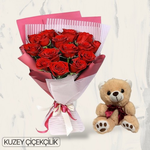 15 Kırmızı Gül Buketi Ayıcık