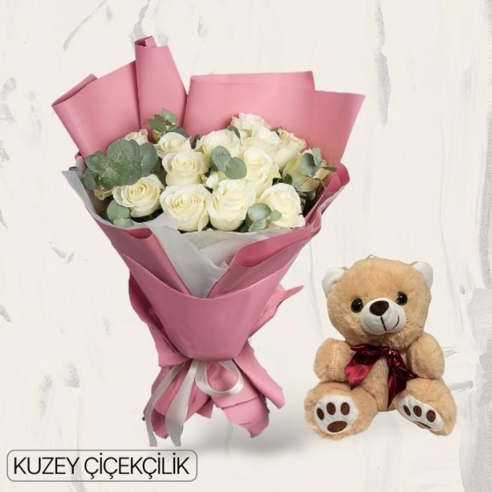 15 Beyaz Gül Buketi Ayıcık