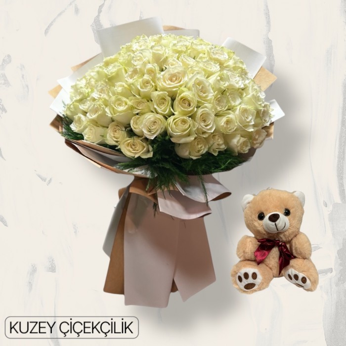 151 Beyaz Gül Buketi Ayıcık