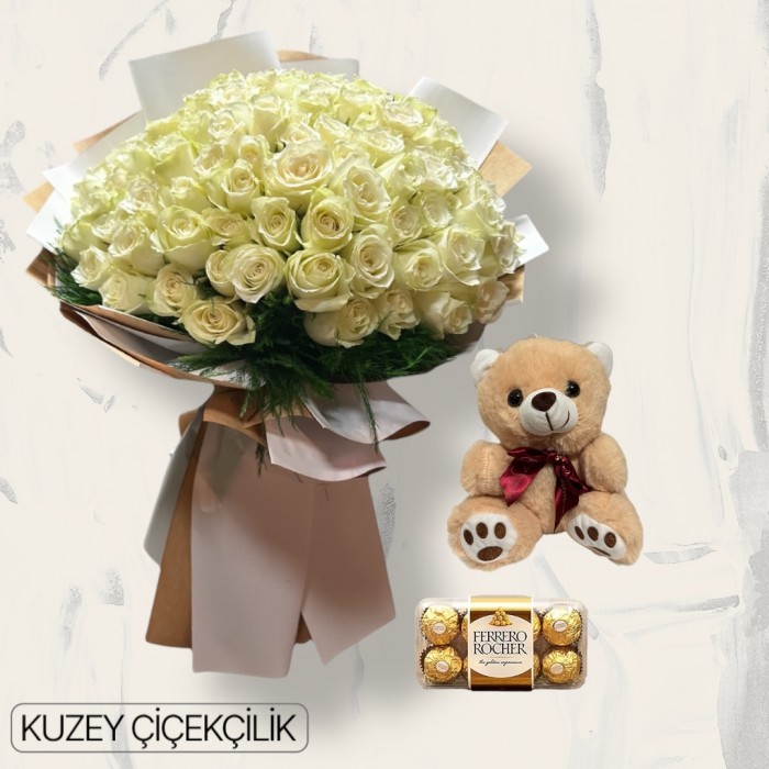 151 Beyaz Gül Buketi Ayıcık 16lı Ferrero Çikolata
