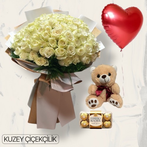 151 Beyaz Gül Buketi Ayıcık 16'lı Ferrero Çikolata Kalp Helyum Balon