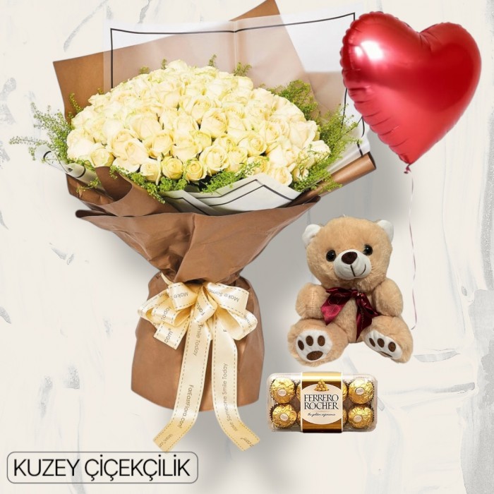 101 Beyaz Gül Buketi Ayıcık 16lı Ferrero Çikolata Kalp Helyum Balon