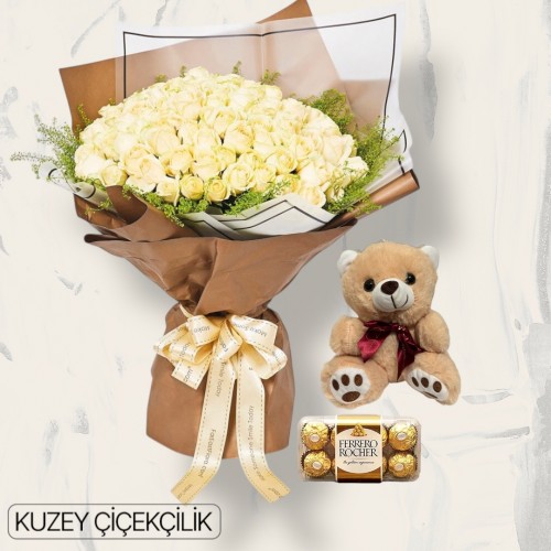 101 Beyaz Gül Buketi Ayıcık 16'lı Ferrero Çikolata