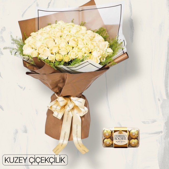 101 Beyaz Gül Buketi 16lı Ferrero Çikolata