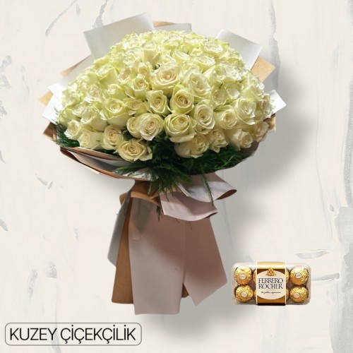 151 Beyaz Gül Buketi 16'lı Ferrero Çikolata
