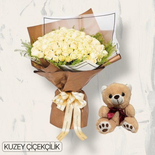 101 Beyaz Gül Buketi Ayıcık