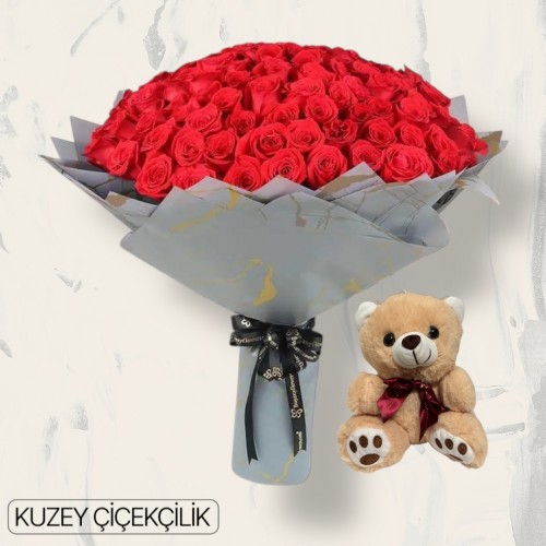 151 Kırmızı Gül Buketi Ayıcık