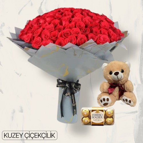 151 Kırmızı Gül Buketi 16'lı Ferrero Çikolata ve Ayıcık