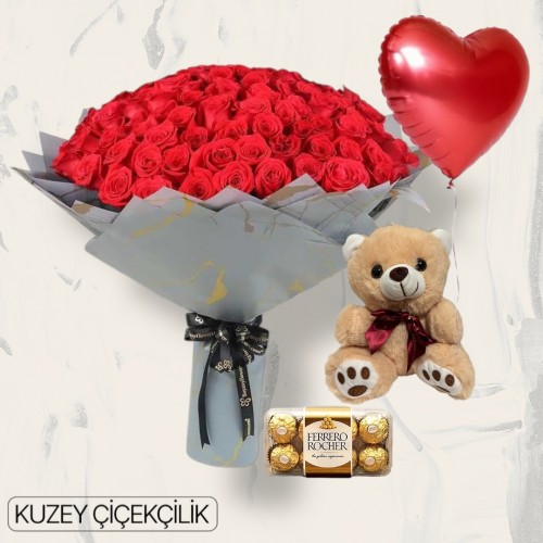 151 Kırmızı Gül Buketi 16'lı Ferrero Çikolata Ayıcık Kalp Helyum Balon