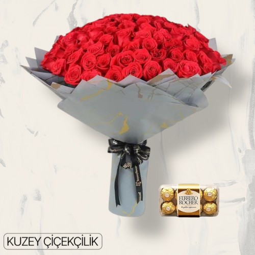151 Kırmızı Gül Buketi 16'lı Ferrero Çikolata