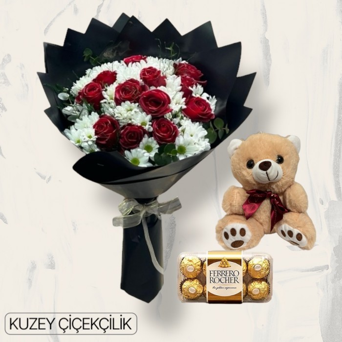 11 Güllü Papatya Buketi Ayıcık 16lı Ferrero Çikolata