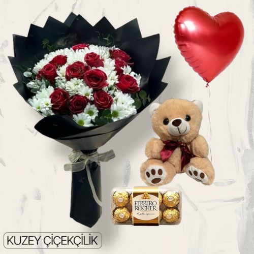 11 Güllü Papatya Buketi Ayıcık 16'lı Ferrero Çikolata Kalp Helyum Balon