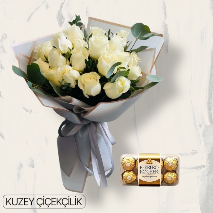 17 Beyaz Gül Buketi 16lı Ferrero Çikolata