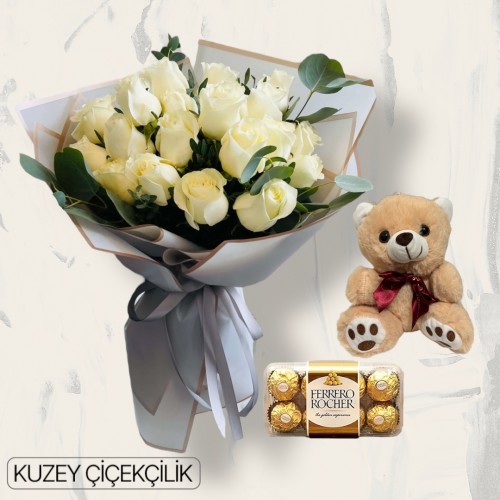 17 Beyaz Gül Buketi Ayıcık 16'lı Ferrero Çikolata