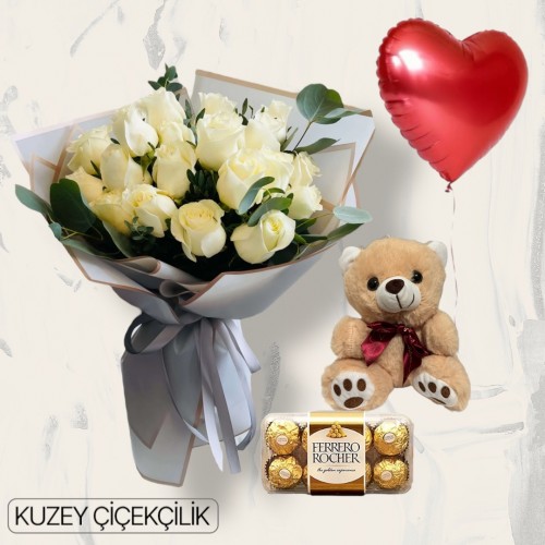 17 Beyaz Gül Buketi Ayıcık 16'lı Ferrero Çikolata Kalp Helyum Balon