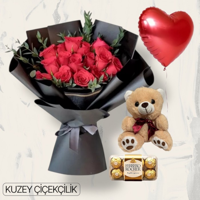 17 Kırmızı Gül Buketi 16lı Ferrero Çikolata Ayıcık Kalp Helyum Balon