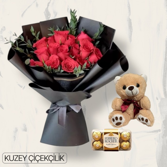 17 Kırmızı Gül Buketi 16lı Ferrero Çikolata ve Ayıcık