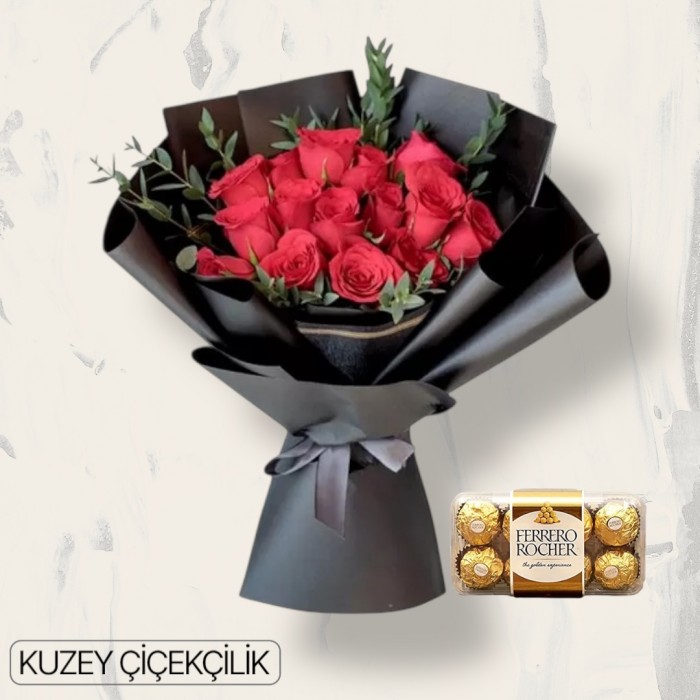 17 Kırmızı Gül Buketi 16lı Ferrero Çikolata