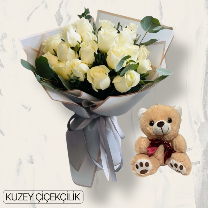 17 Beyaz Gül Buketi Ayıcık