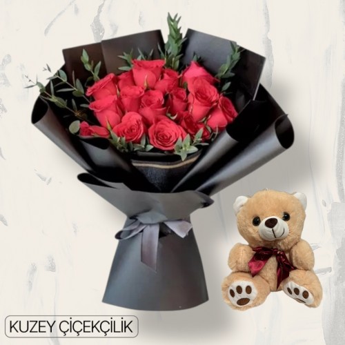 17 Kırmızı Gül Buketi Ayıcık